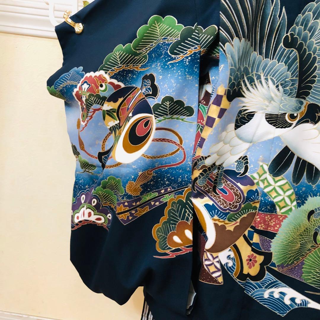 七五三五歳フルセット‼️人気黒地系⭐︎鷹凛々しい金彩煌びやか⭐︎袴縞スタイルアップ銘品