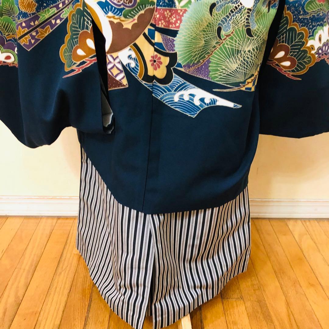 七五三五歳フルセット‼️人気黒地系⭐︎鷹凛々しい金彩煌びやか⭐︎袴縞スタイルアップ銘品