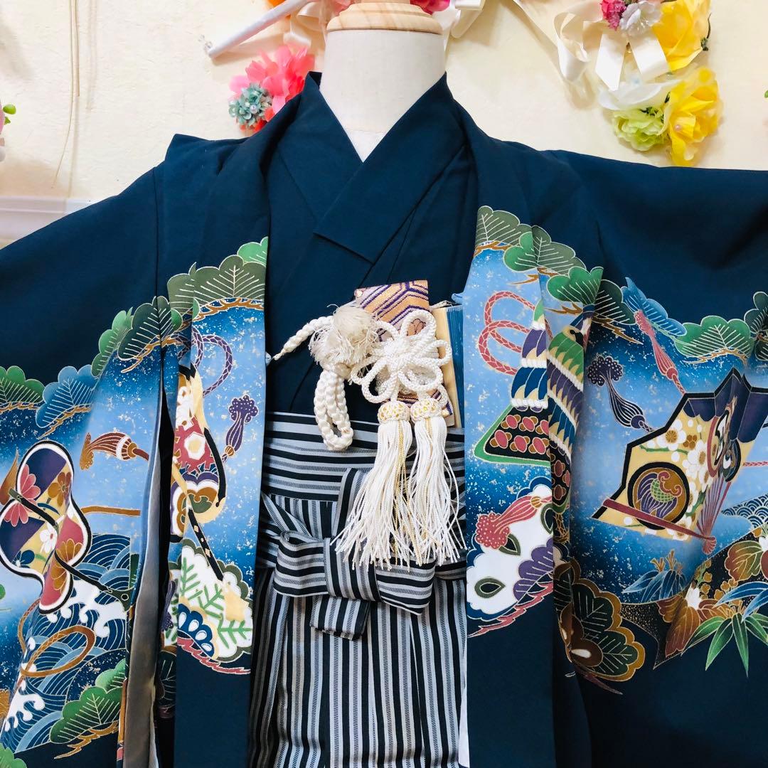 七五三五歳フルセット‼️人気黒地系⭐︎鷹凛々しい金彩煌びやか⭐︎袴縞スタイルアップ銘品