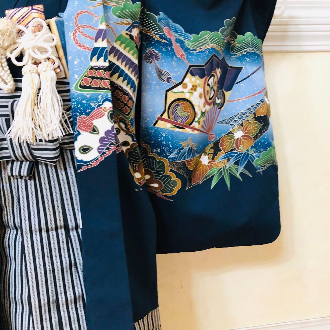 七五三五歳フルセット‼️人気黒地系⭐︎鷹凛々しい金彩煌びやか⭐︎袴縞スタイルアップ銘品