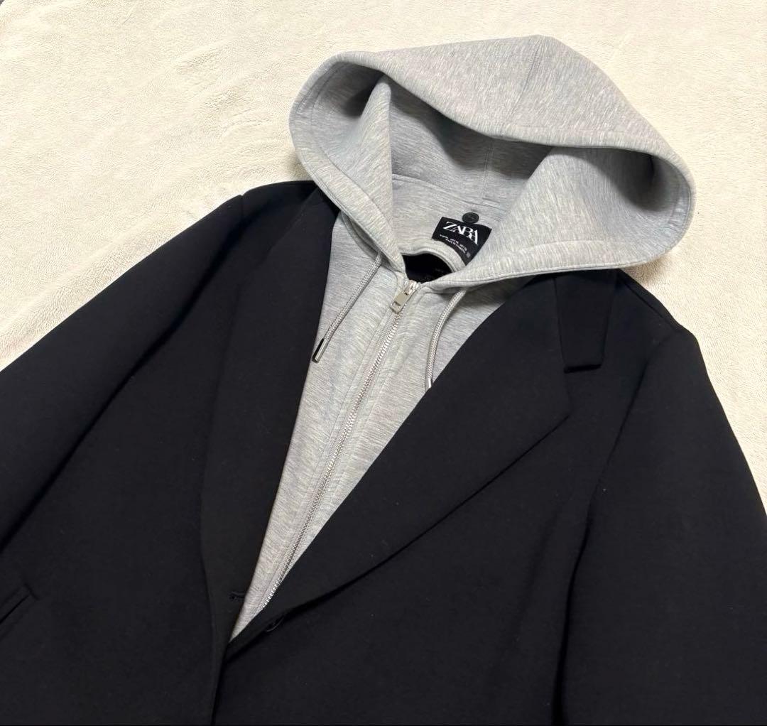 【美品】ZARA デタッチャブルフードコート ロング チェスター 黒ブラックXL