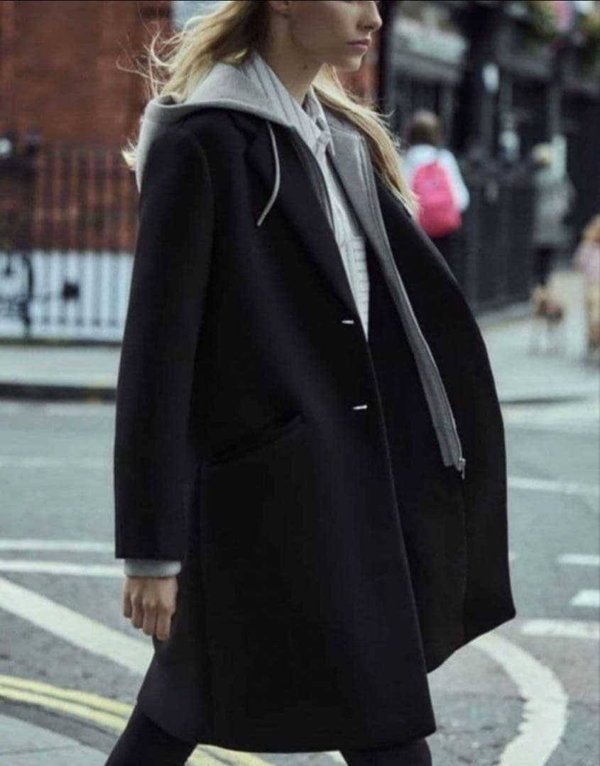 【美品】ZARA デタッチャブルフードコート ロング チェスター 黒ブラックXL