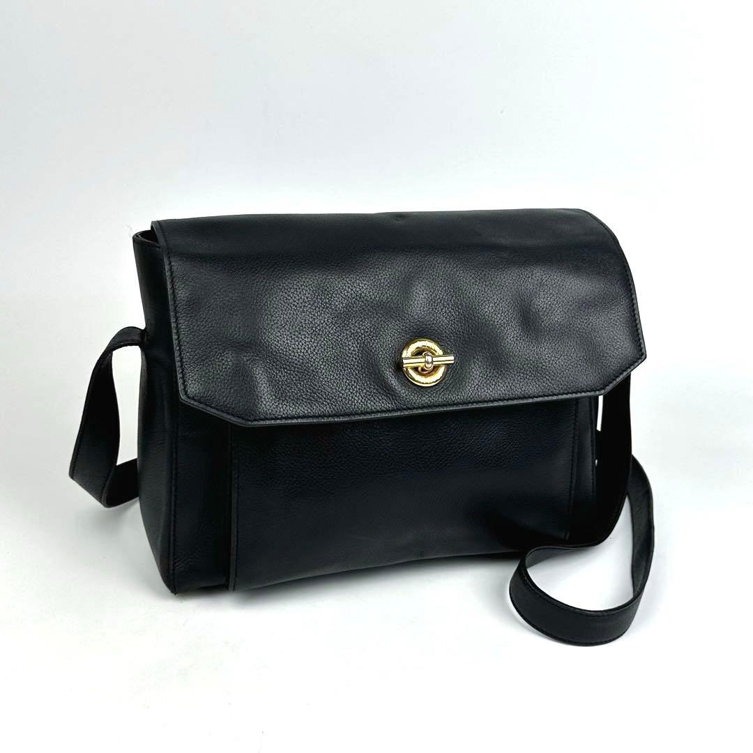美品■セリーヌ ガンチーニ ショルダーバッグ サークルロゴ レザー ブラック系