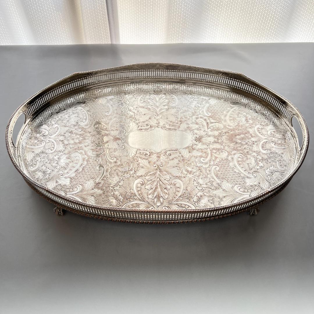 【英国】 ギャラリートレー オーバル型 45cm 　 装飾フット 大型