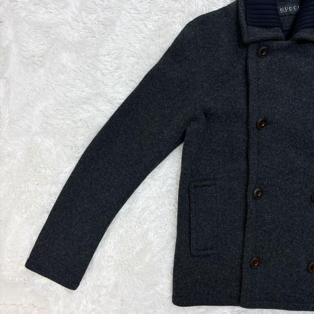 347【美品・超希少】グッチ☆革ボタン付け襟Pコート ニット襟 アーカイブ