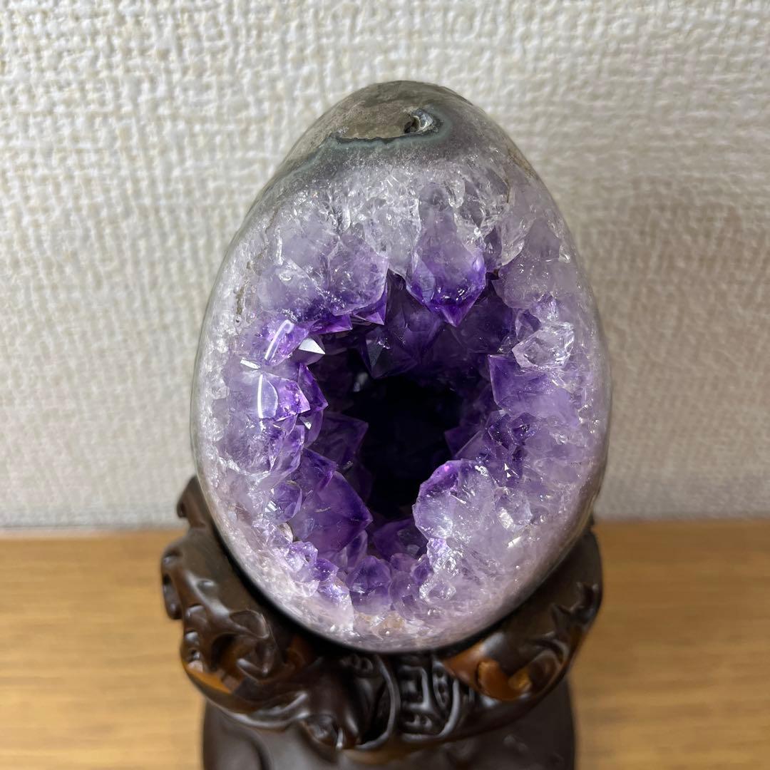 ★高品質★アメジストドーム　紫水晶★卵型置物 木製台座付き