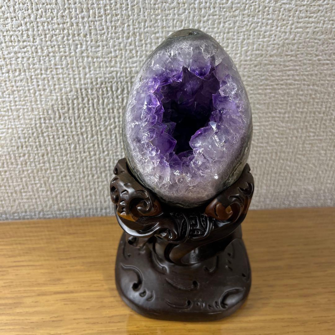 ★高品質★アメジストドーム　紫水晶★卵型置物 木製台座付き