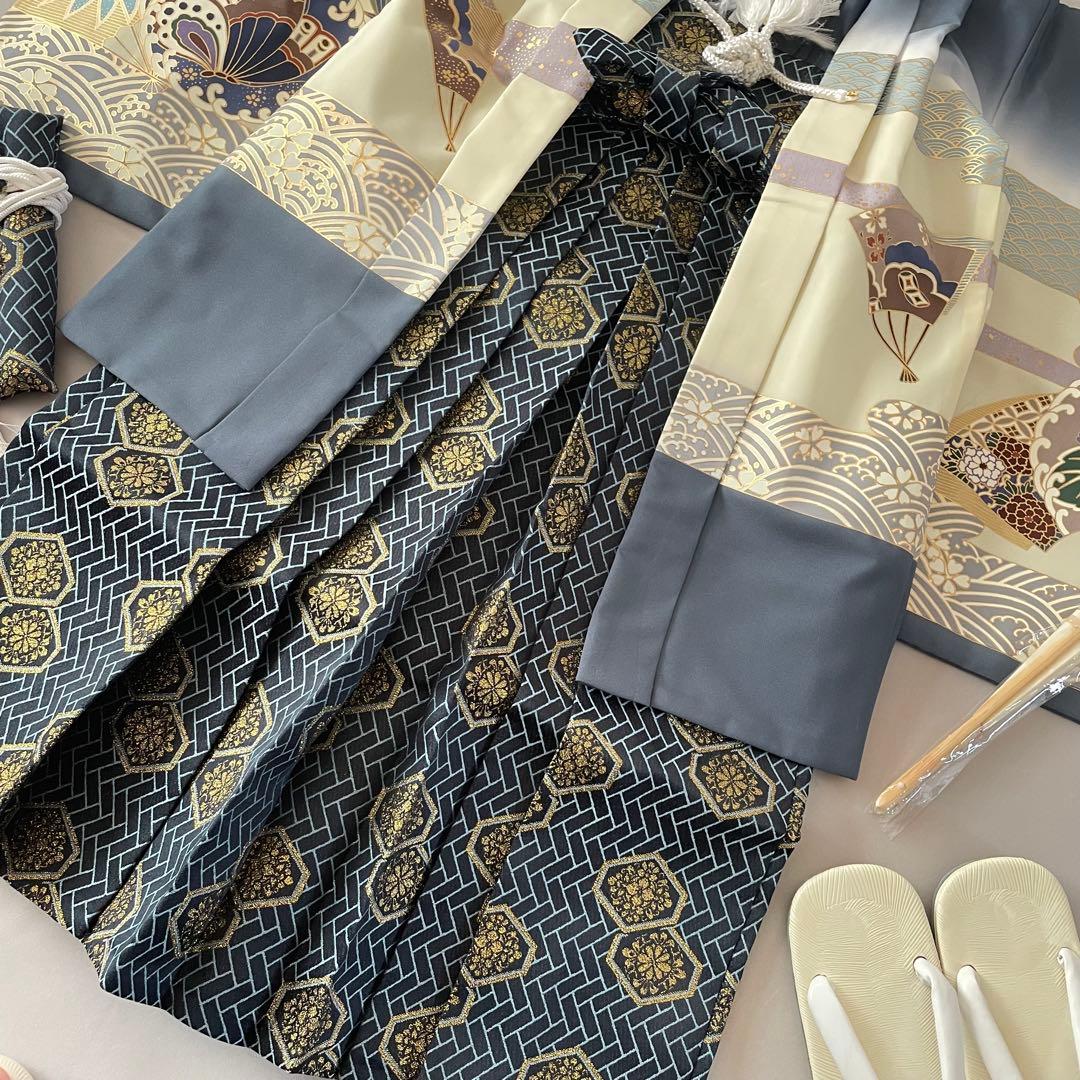 七五三　5歳　羽織　袴セット　ネイビーグレー色コーデ