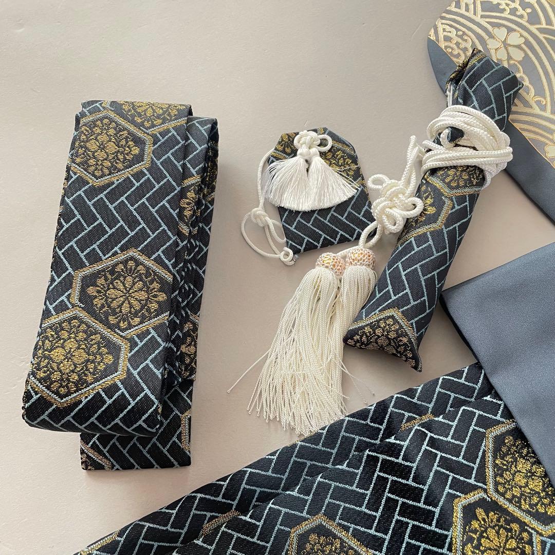 七五三　5歳　羽織　袴セット　ネイビーグレー色コーデ