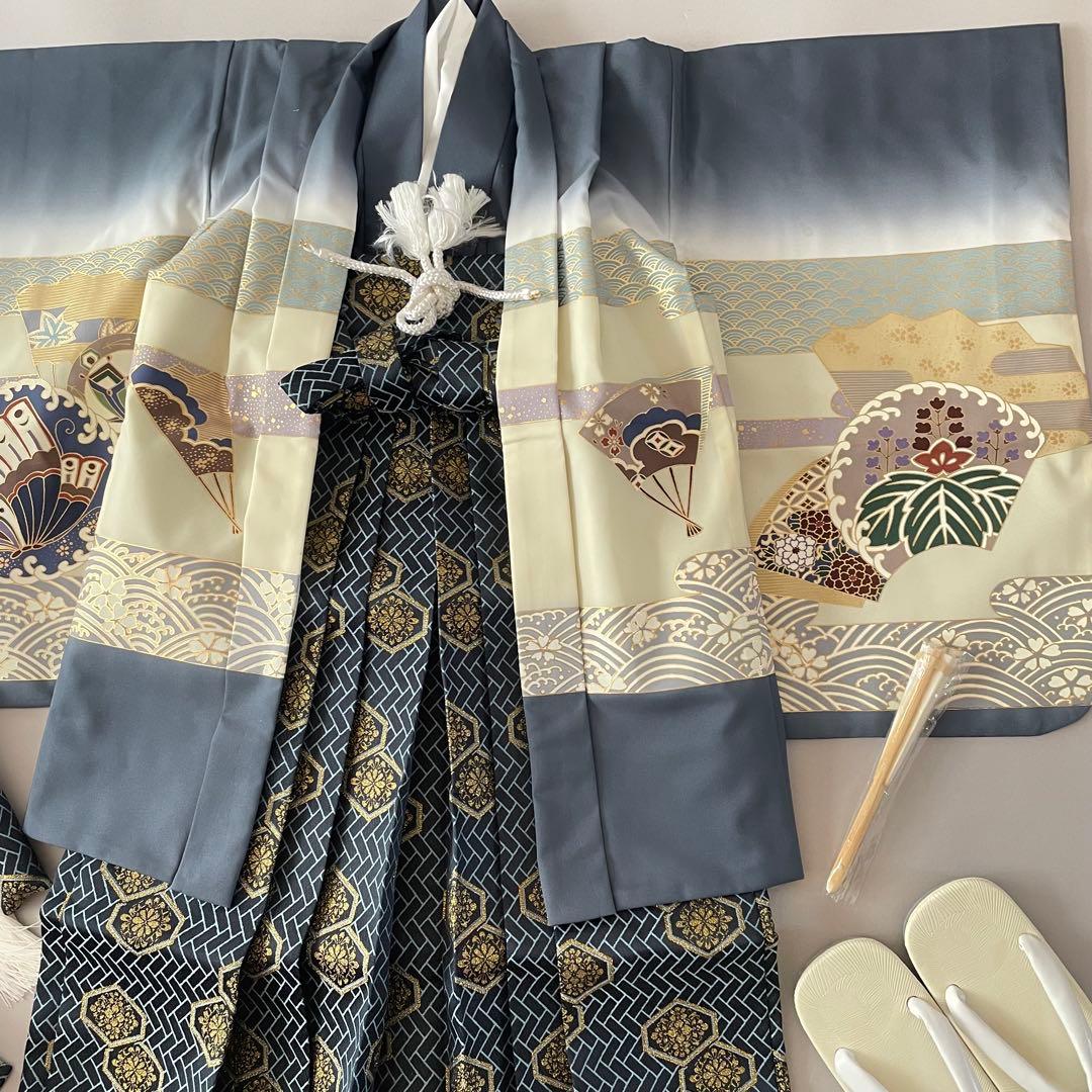 七五三　5歳　羽織　袴セット　ネイビーグレー色コーデ