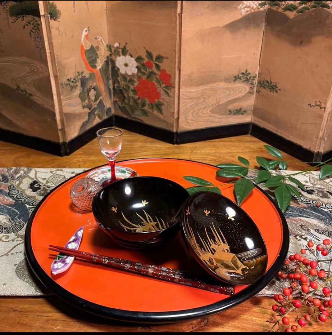 A1060 木製輪島塗　衝羽根に流水菖蒲　吸物椀　蒔絵　2客さくら❣️