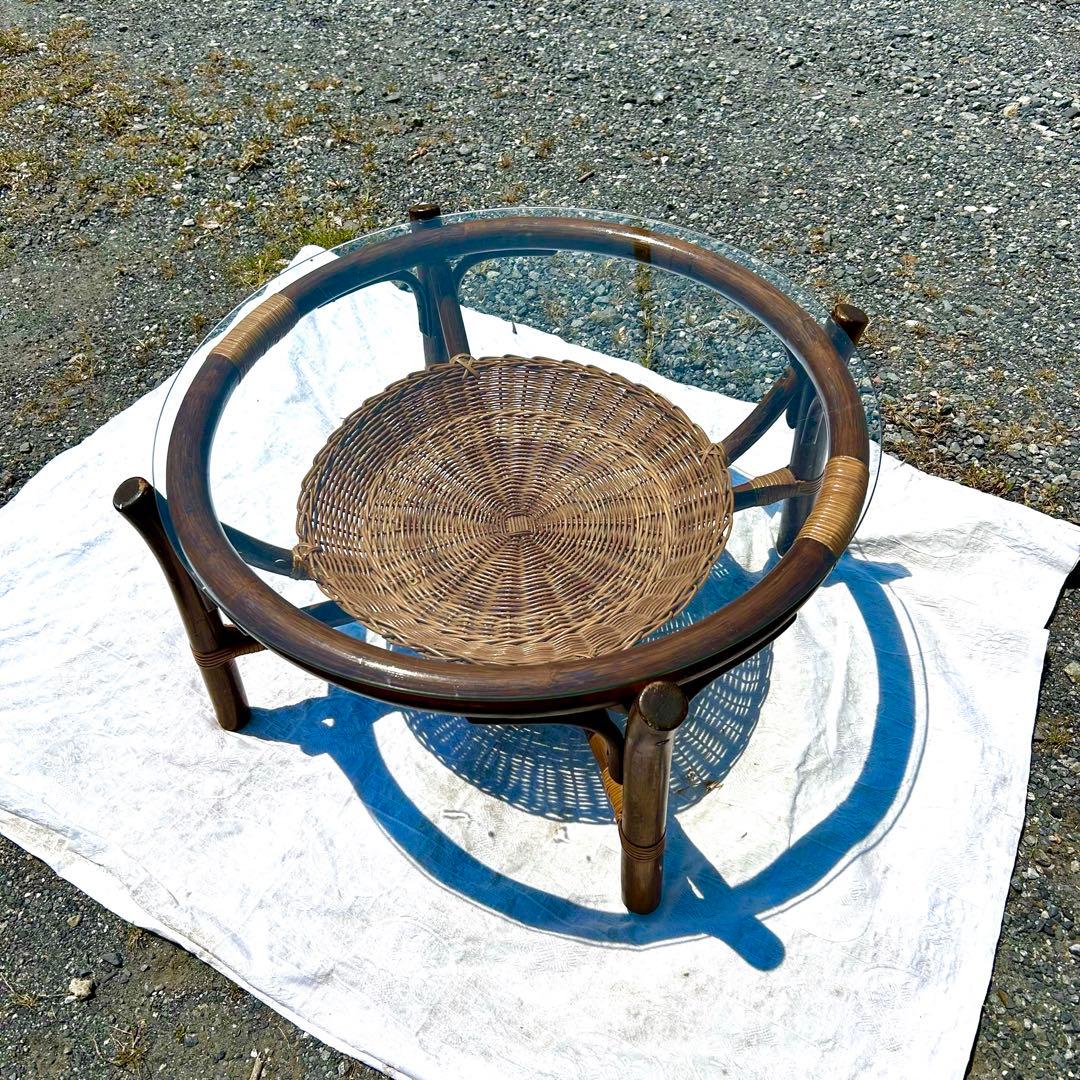 ラタン　ガラス　センターテーブル　リビングテーブル　70cm アジアンテイスト