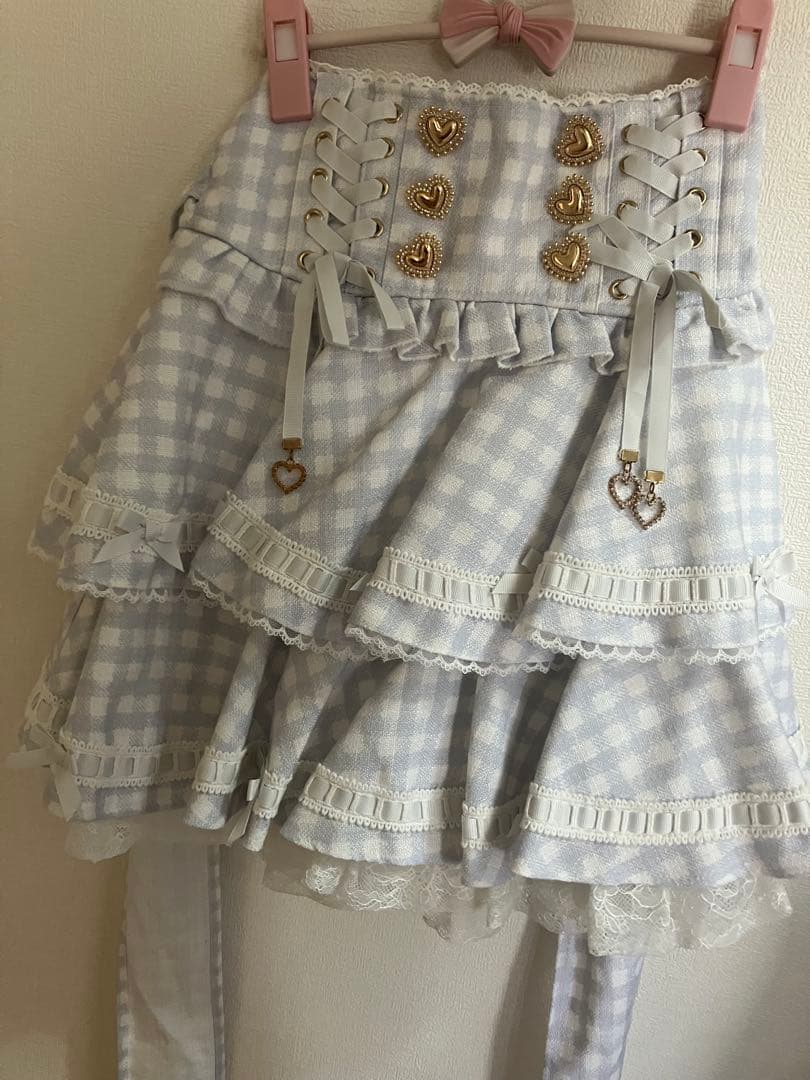 ね*♡様 LIZLISA はしごリボンギンガムティアードスカパン 水色 ブルー