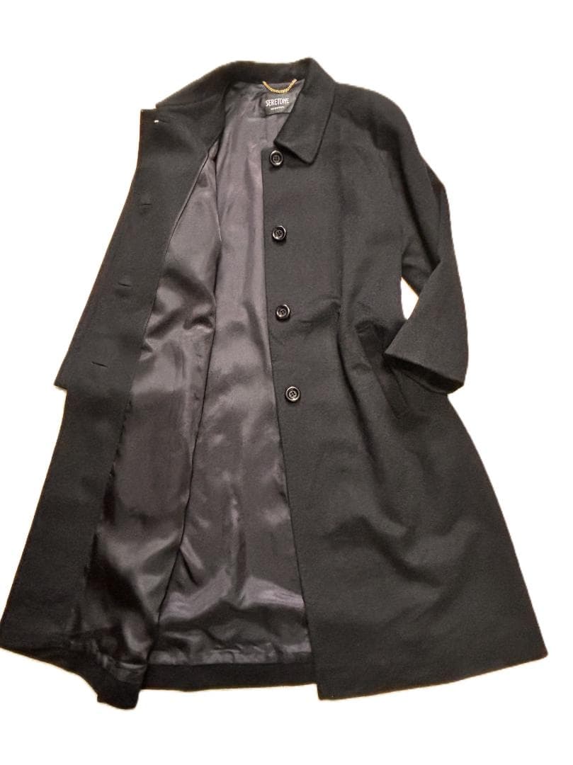 C456★カシミヤコート女性用 M-L 大きいサイズ13号XL可 黒Aライン通勤