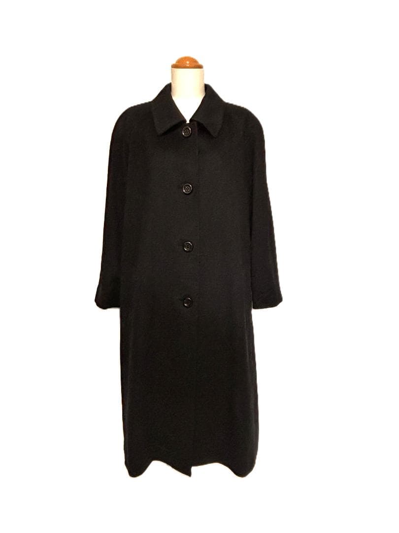 C456★カシミヤコート女性用 M-L 大きいサイズ13号XL可 黒Aライン通勤