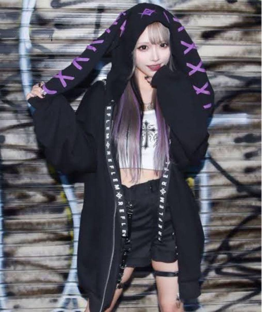 REFLEM レフレムうさ耳 うさぎジップパーカー フーディ ブラック パープル