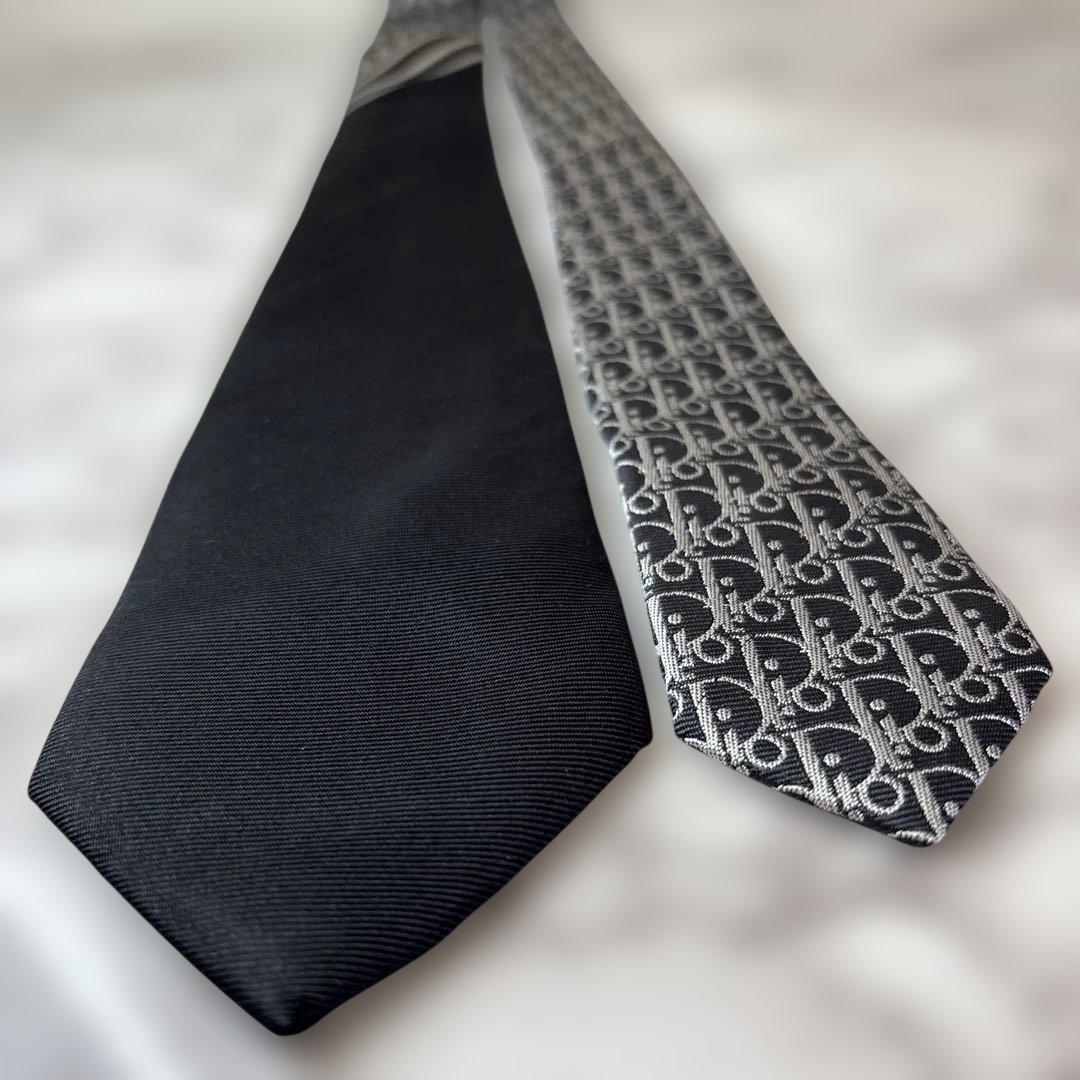 DIOR ネクタイ　ブラック　黒　オブリーク　トロッター　ストライプ　刺繍