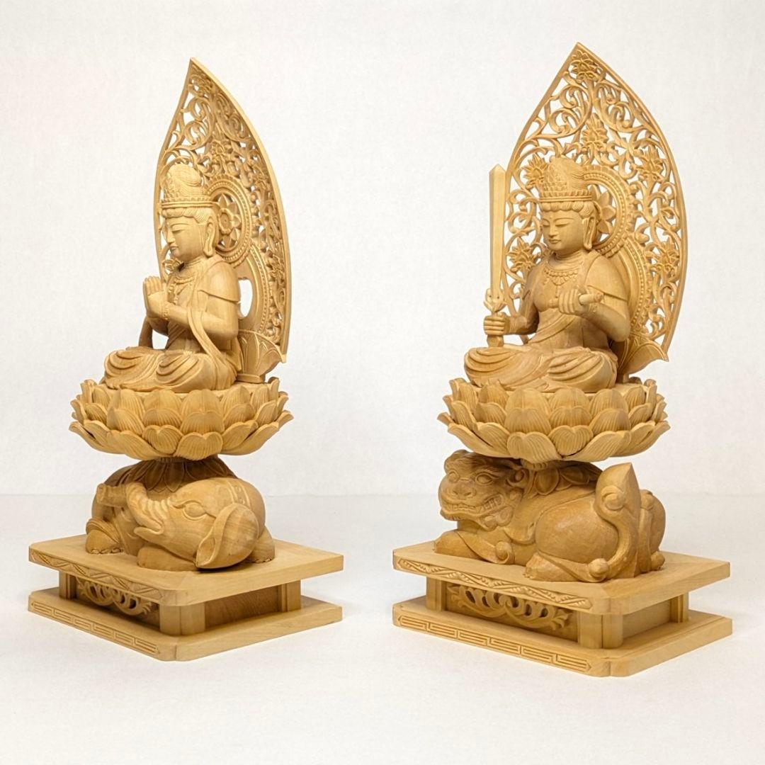 【セール・新品】 普賢菩薩　文殊菩薩　柘植　総高さ約21.5㎝　仏像