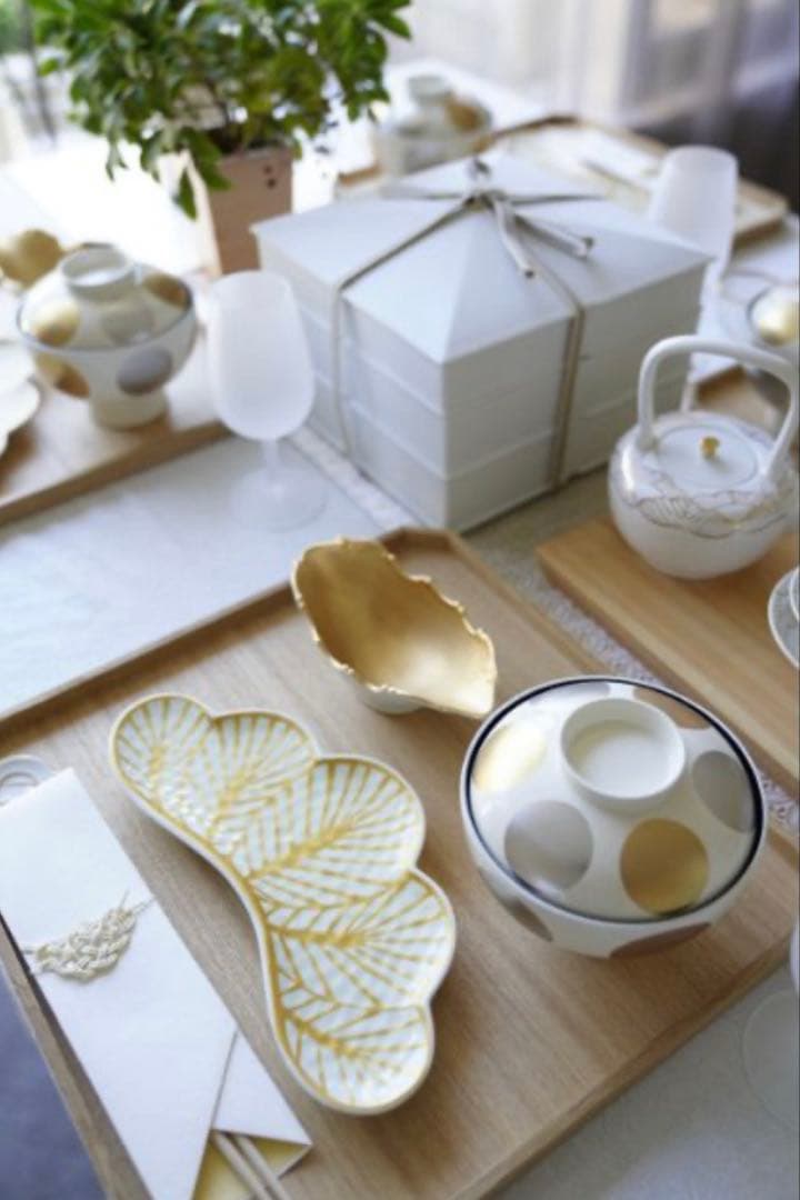 キミー♡セール様ご依頼品錦金松葉形前菜皿　茶緑金　白金　赤金　青銀　5点セット