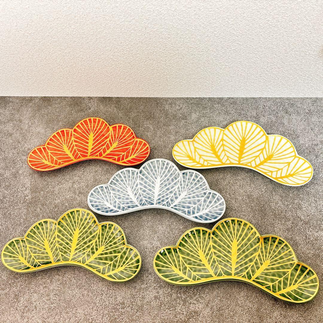 キミー♡セール様ご依頼品錦金松葉形前菜皿　茶緑金　白金　赤金　青銀　5点セット