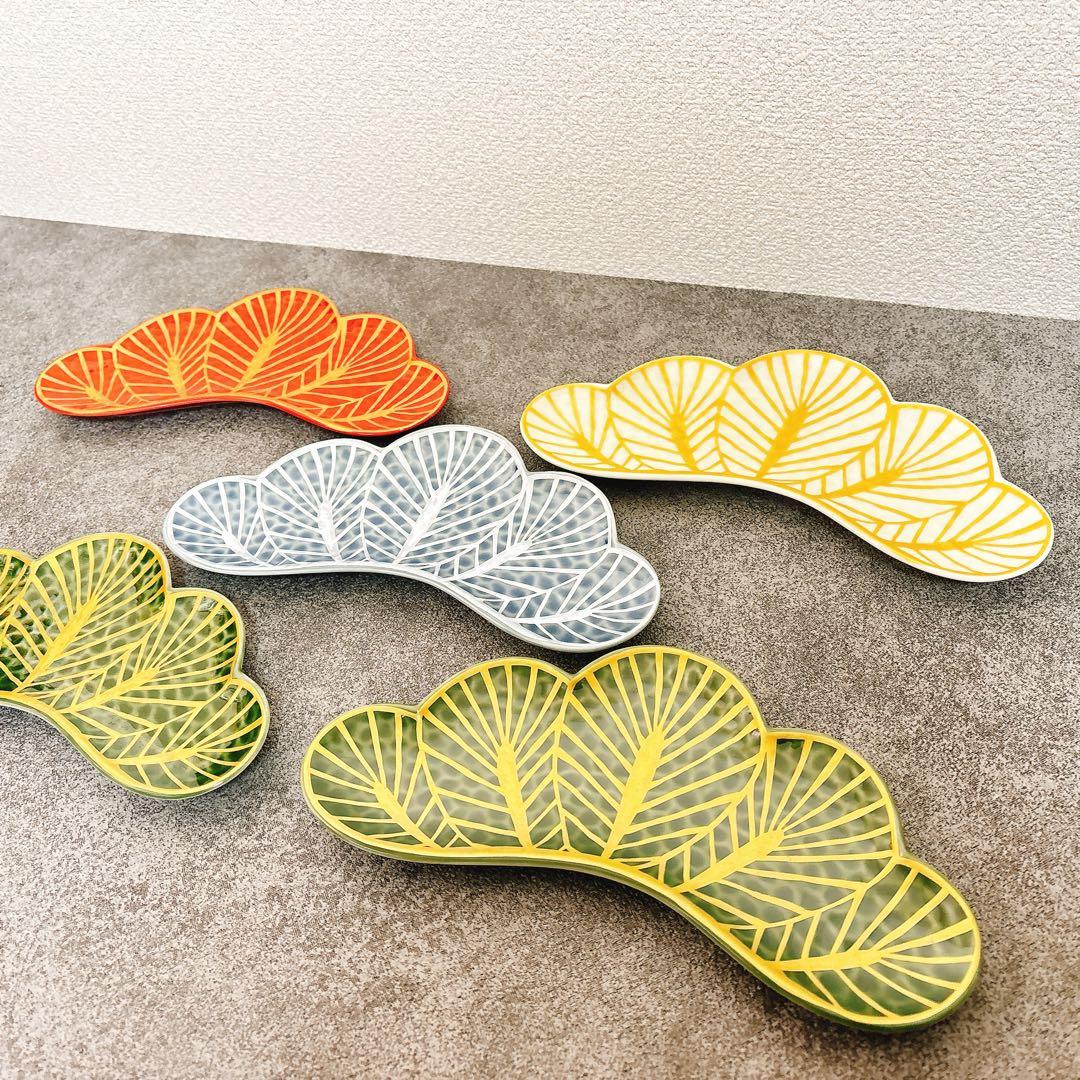 キミー♡セール様ご依頼品錦金松葉形前菜皿　茶緑金　白金　赤金　青銀　5点セット