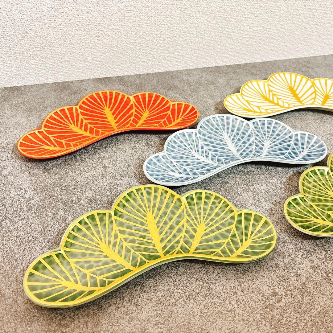 キミー♡セール様ご依頼品錦金松葉形前菜皿　茶緑金　白金　赤金　青銀　5点セット