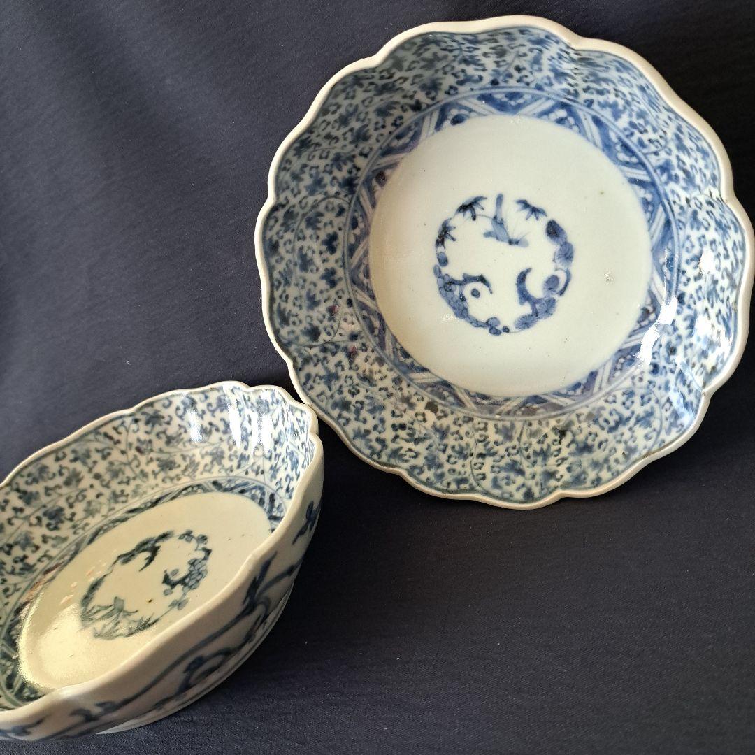 「大人気！花唐草の競演」古伊万里皿(直径14cm)2客セット [オマケ付き]骨