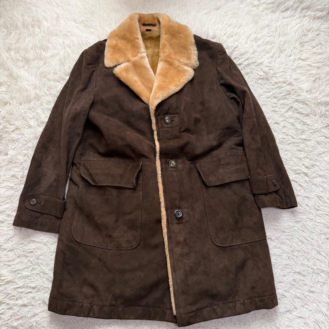 希少XLサイズ相当　レザーコート　チェスターコート　ボア裏地　スエード