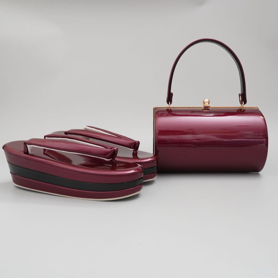 【訳あり】[ワイン×黒]エナメル草履バッグセット　フリーサイズ　成人式　卒業式