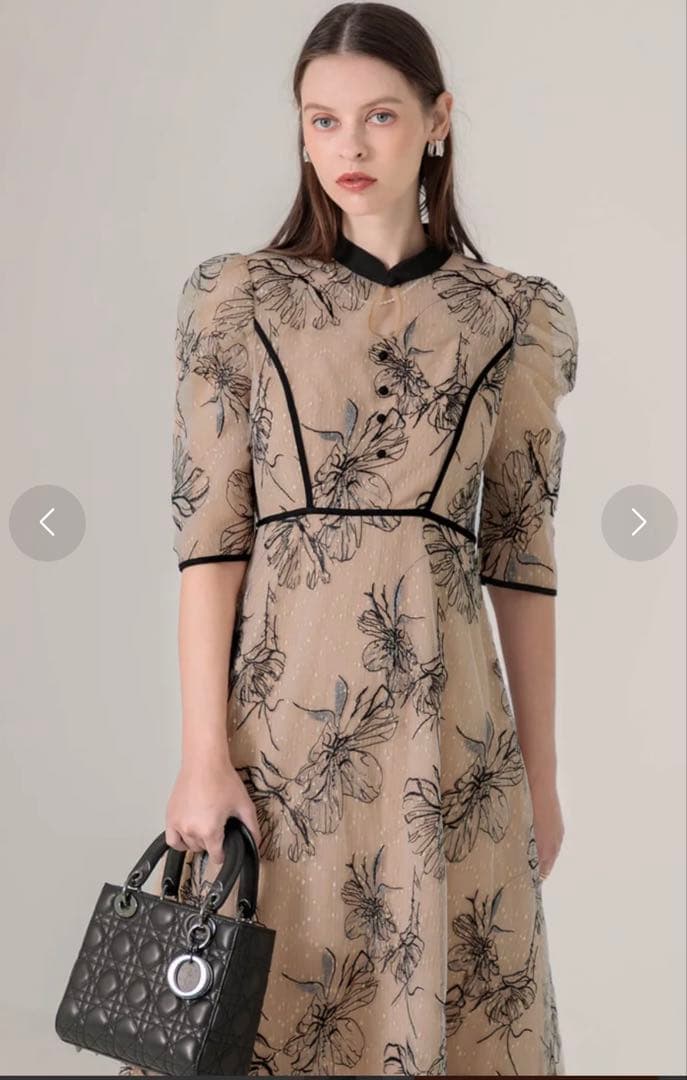 leja 配色パイピングプチハイネック花柄刺繍ラメレースロング丈ドレス sサイズ