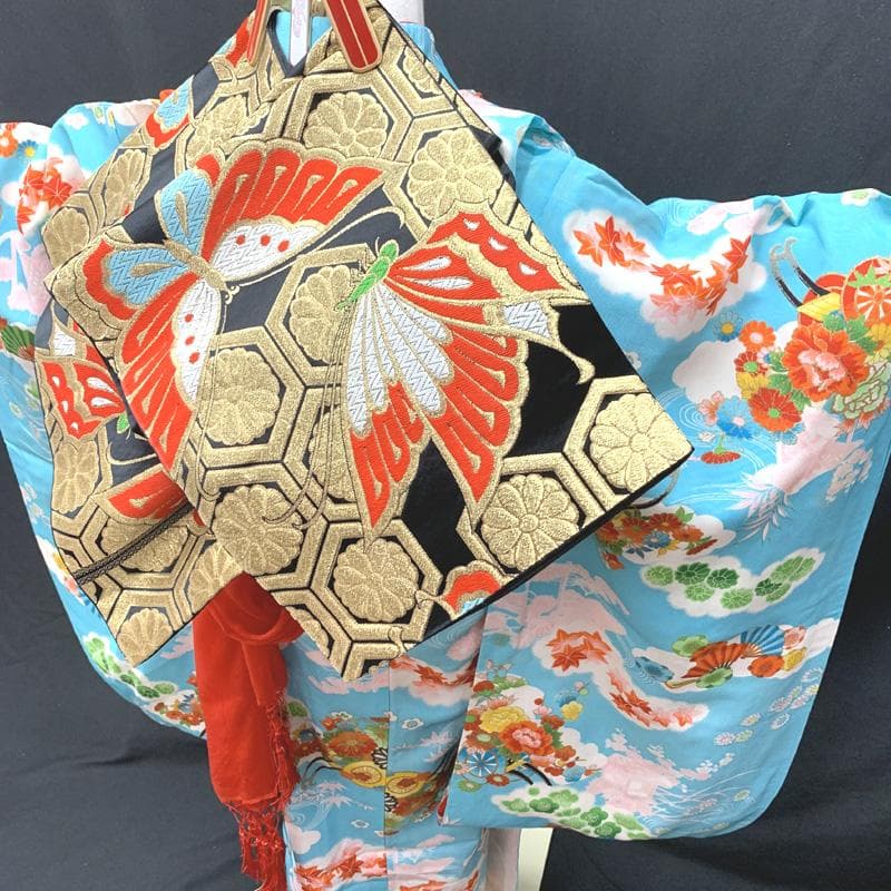 504ag17□七五三 七歳 セミアンティーク 女児 着物&袋帯&長襦袢□