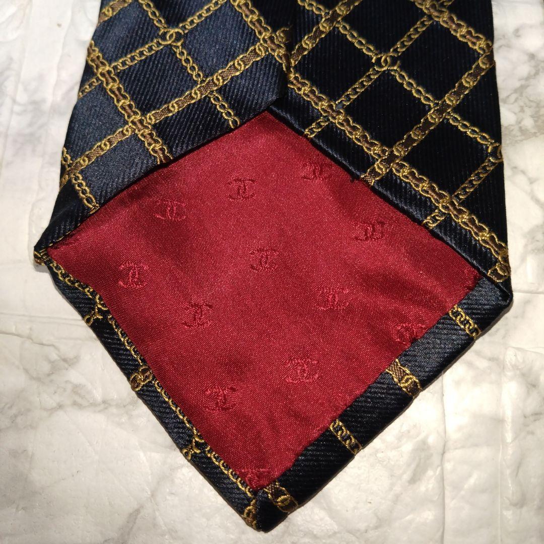 CHANEL シャネル ネクタイ ダークネイビー ゴールド ココマーク チェーン