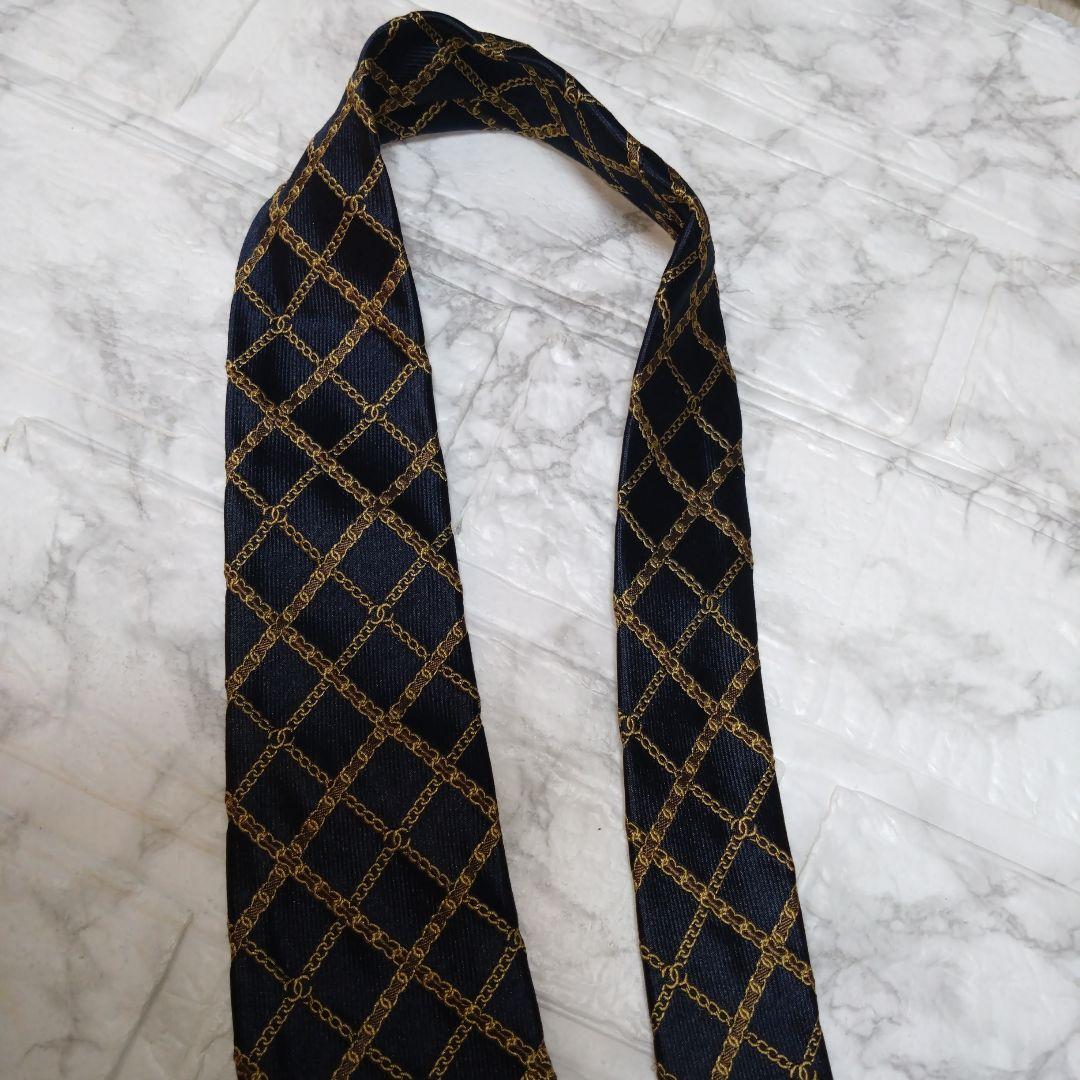 CHANEL シャネル ネクタイ ダークネイビー ゴールド ココマーク チェーン