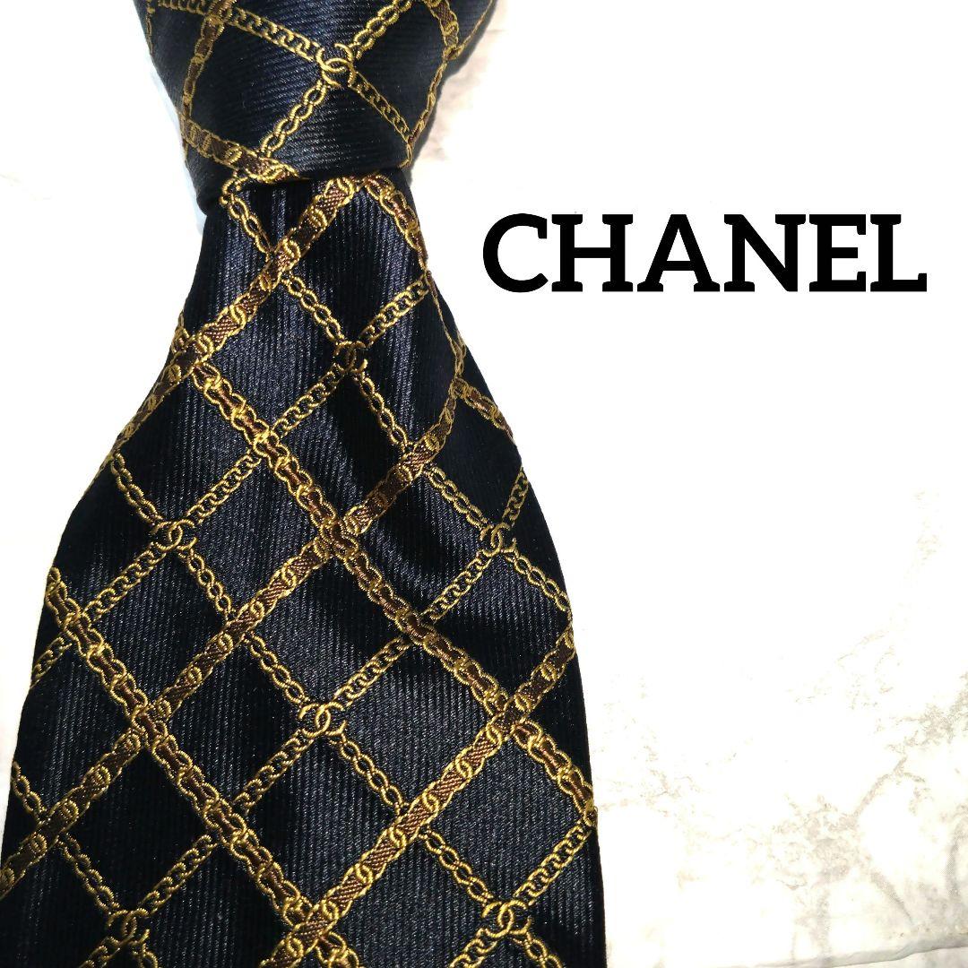 CHANEL シャネル ネクタイ ダークネイビー ゴールド ココマーク チェーン