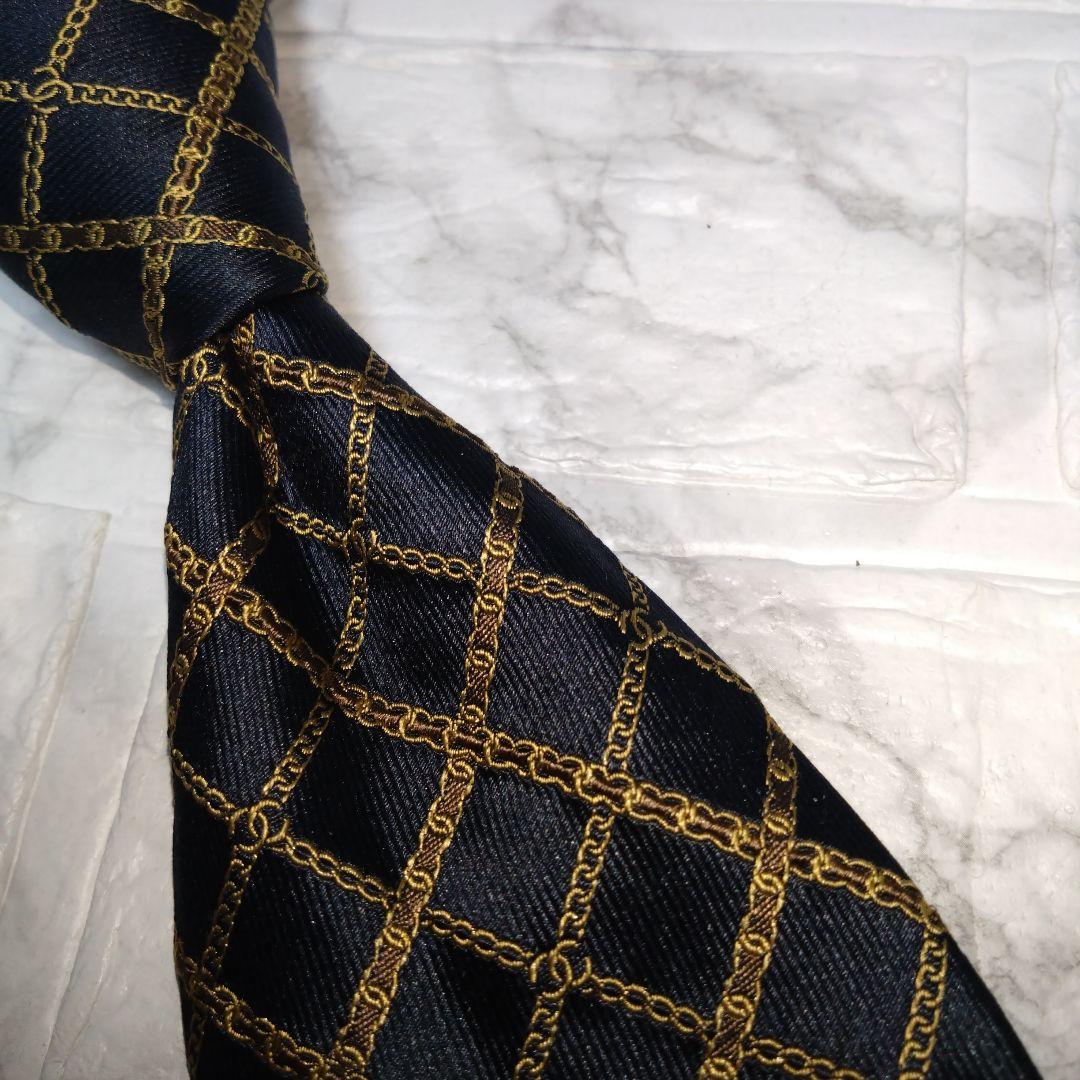 CHANEL シャネル ネクタイ ダークネイビー ゴールド ココマーク チェーン