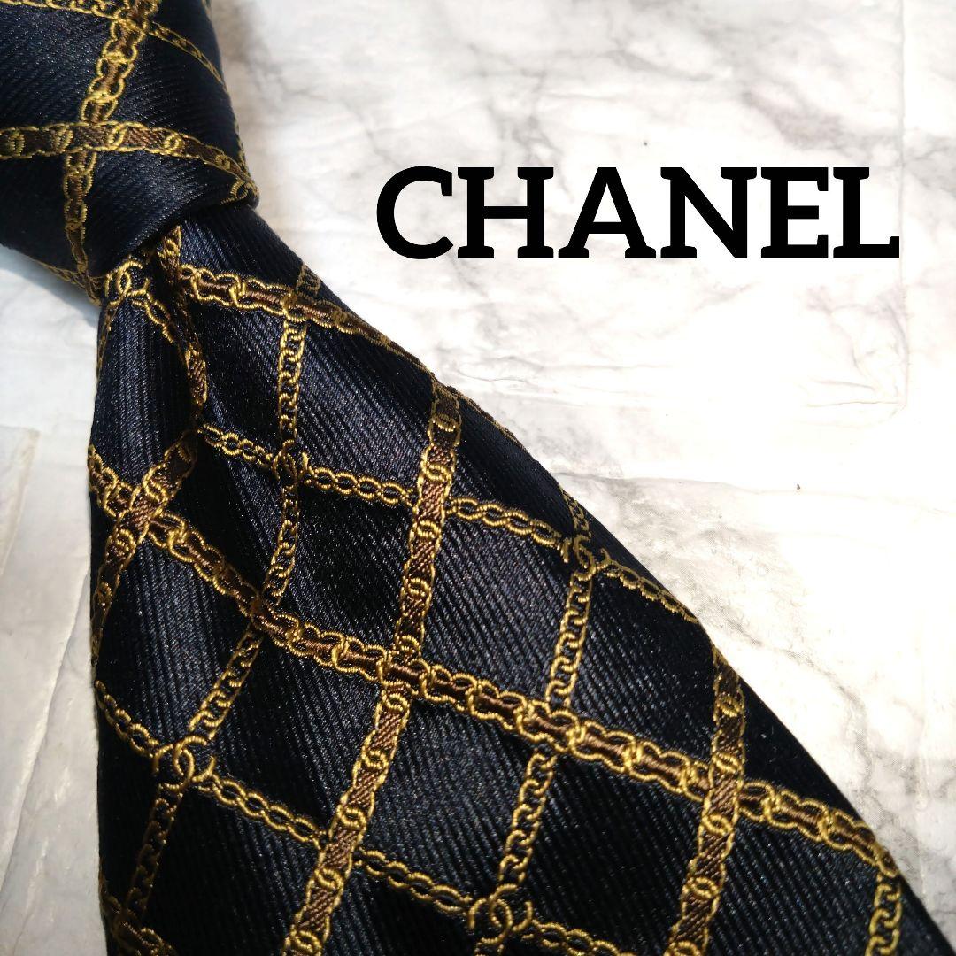 CHANEL シャネル ネクタイ ダークネイビー ゴールド ココマーク チェーン