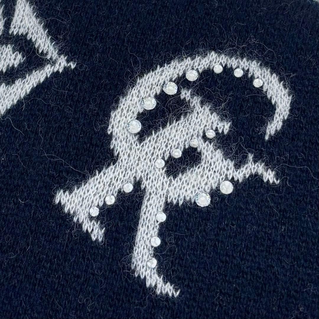 【大きいサイズ カシミヤ混】伊太利屋 モノグラム チュニック ラインストーン 紺