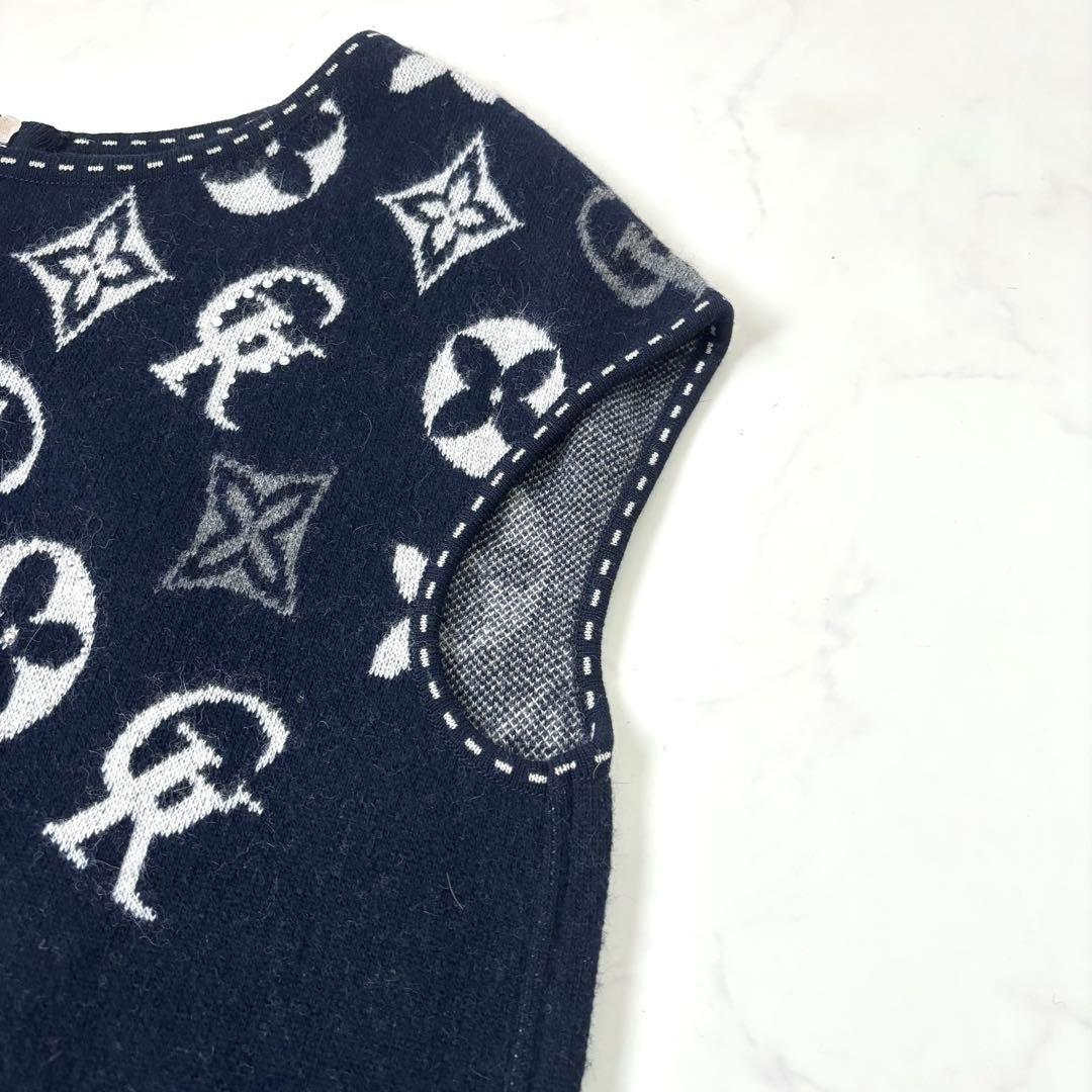 【大きいサイズ カシミヤ混】伊太利屋 モノグラム チュニック ラインストーン 紺