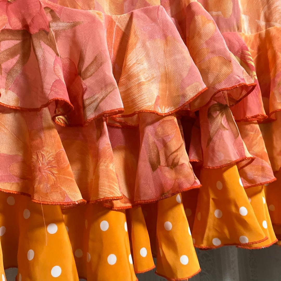 フラメンコ衣装　花柄　ファルダ　オレンジ　3段フリル　オーダーメイド