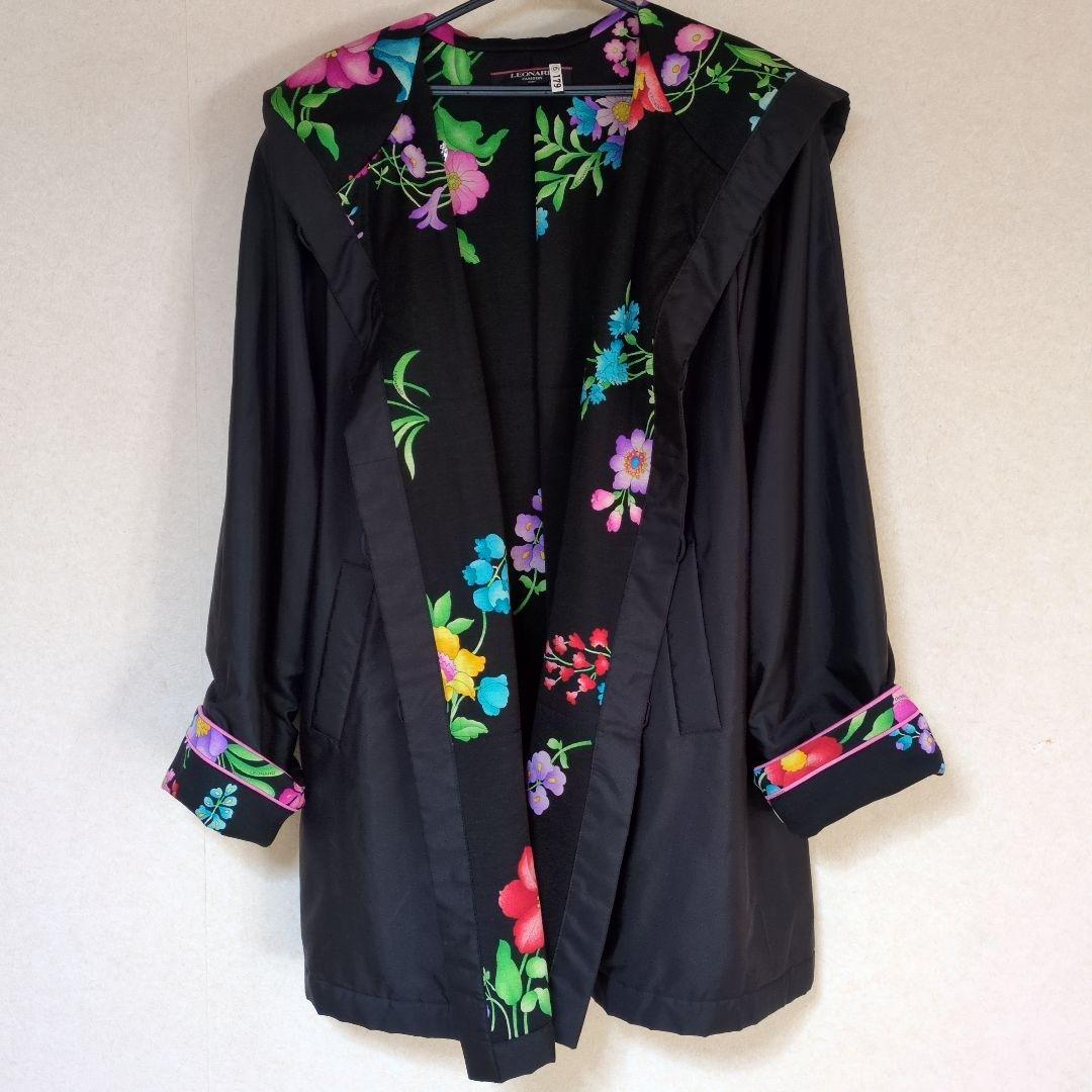 美品　 LEONARD ブラック ロングコート 花柄フードのみ