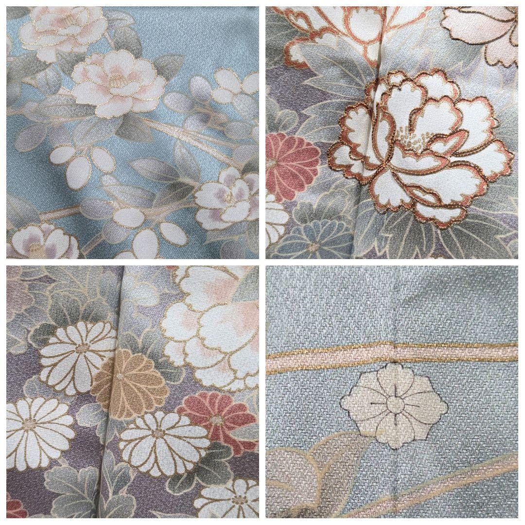 C◆着物くつろぎ 京友禅 金彩 金駒刺繍 水色 椿 牡丹 袷 正絹 訪問着 着物