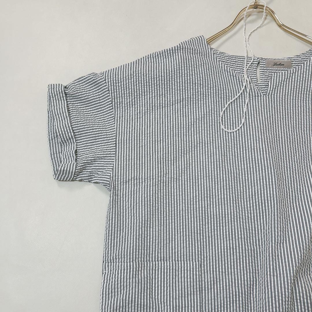 大きいサイズ13+ レリアン　サッカー生地　ストライプチュニック　ロングシャツ