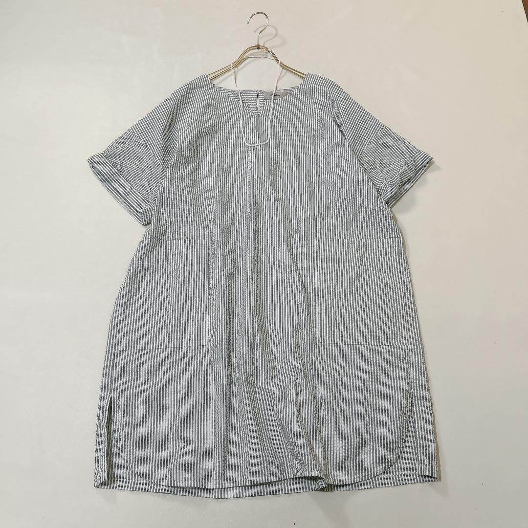 大きいサイズ13+ レリアン　サッカー生地　ストライプチュニック　ロングシャツ