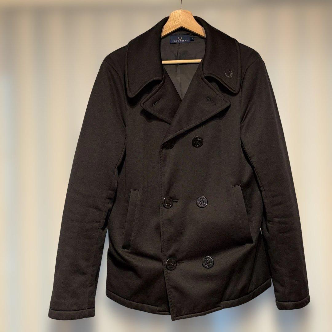 FRED PERRY ブラック ダブルブレストピーコート L