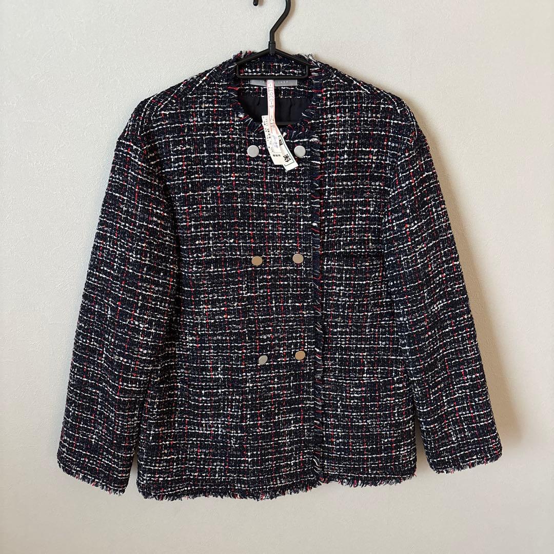 美品　theory luxe ネイビー　ツイード　ノーカラー　ジャケット　38