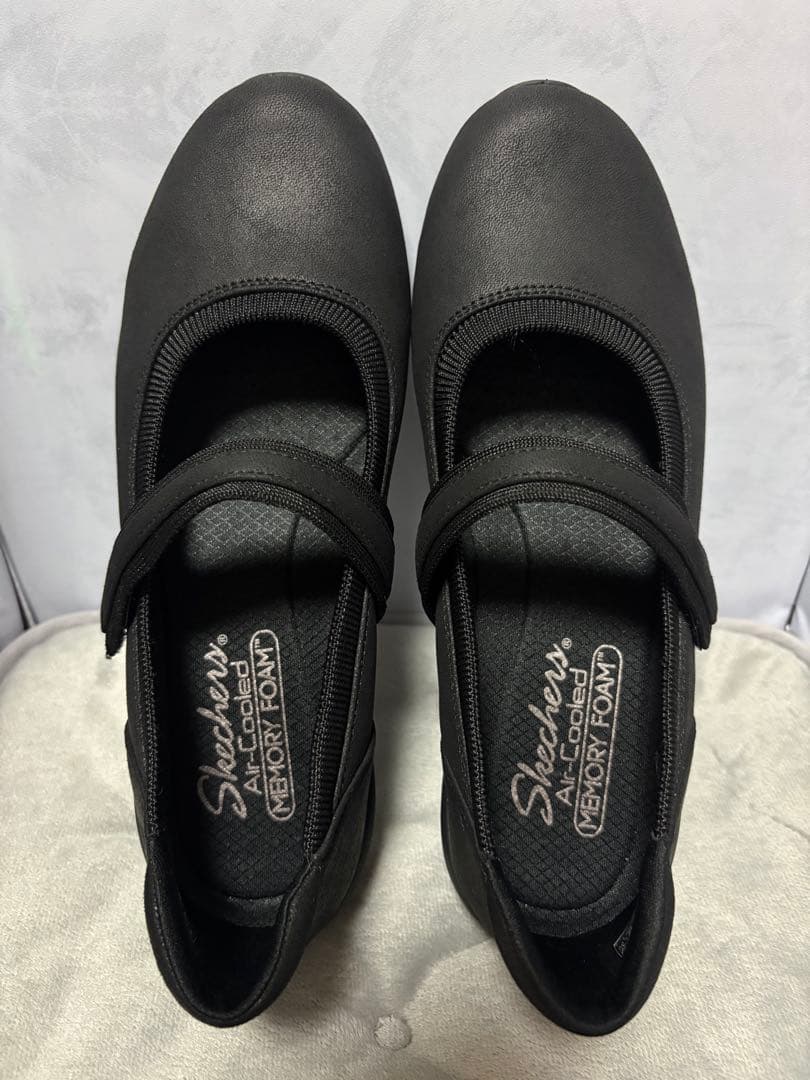 新品25スケッチャーズ黒バレエシューズメリージェーンストラップウェッジソール