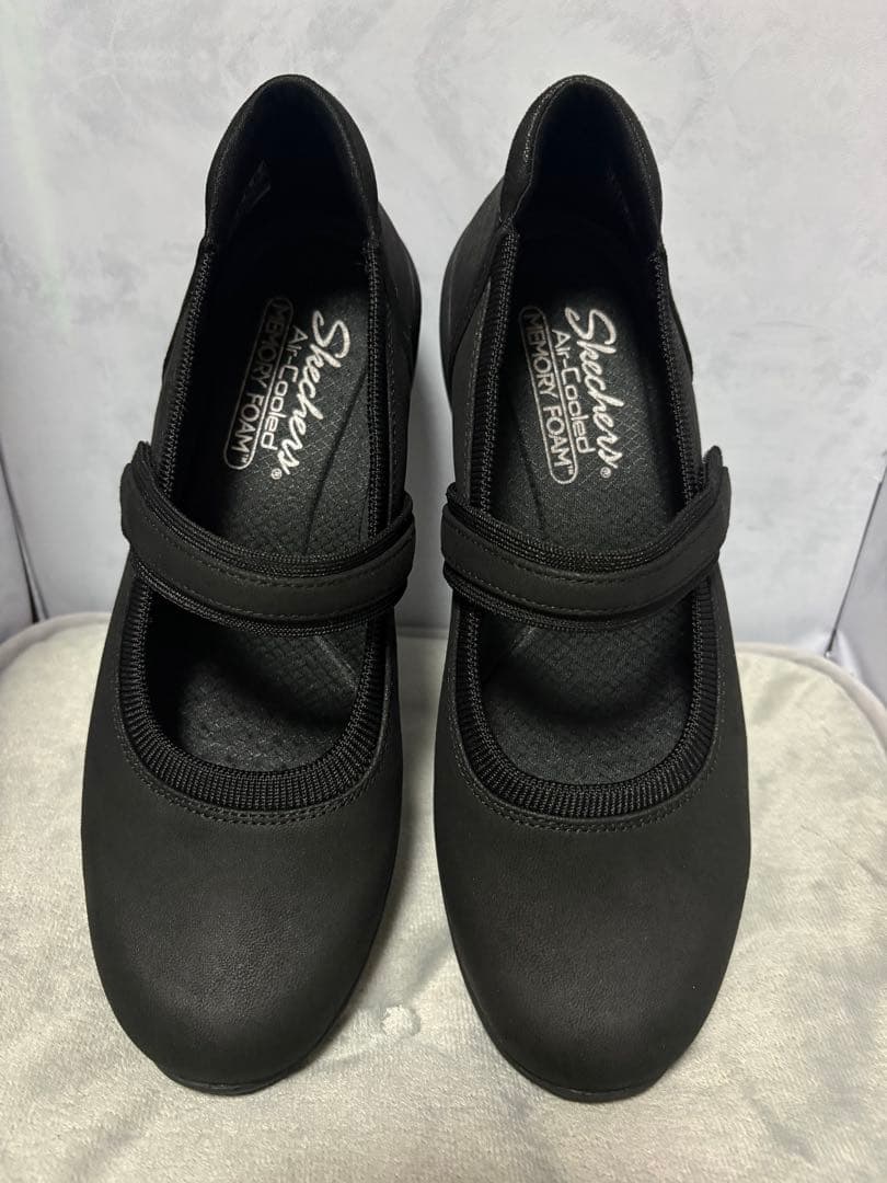 新品25スケッチャーズ黒バレエシューズメリージェーンストラップウェッジソール