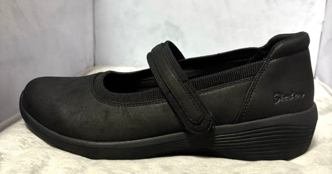 新品25スケッチャーズ黒バレエシューズメリージェーンストラップウェッジソール