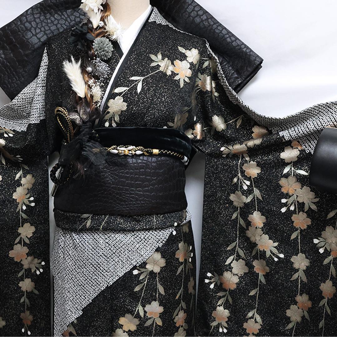 【良好】◆ 振袖6点セット ◆丈165cmフルセット黒帯新品成人式絞りTu49