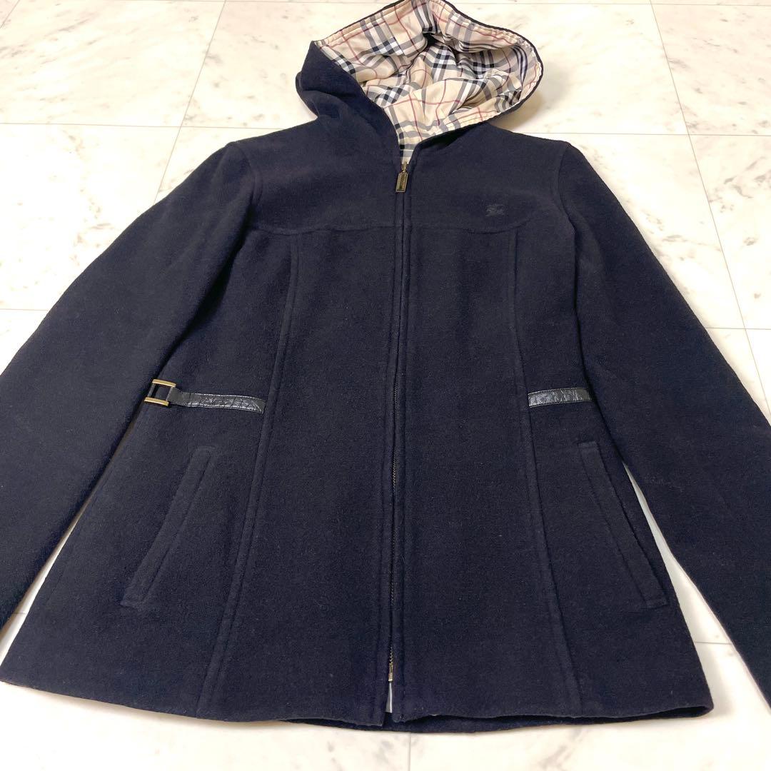 【美品】バーバリーブルーレーベル フード ウールコート アンゴラ M 黒